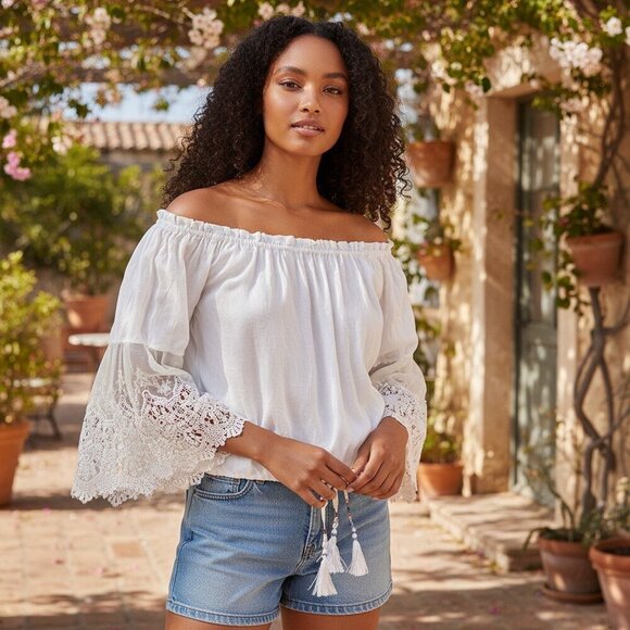Young Fabulous & Broke Tops - Young Fabulous & Broke White Off Shoulder Silk Lace Bell Sleeve Peasant Blouse L